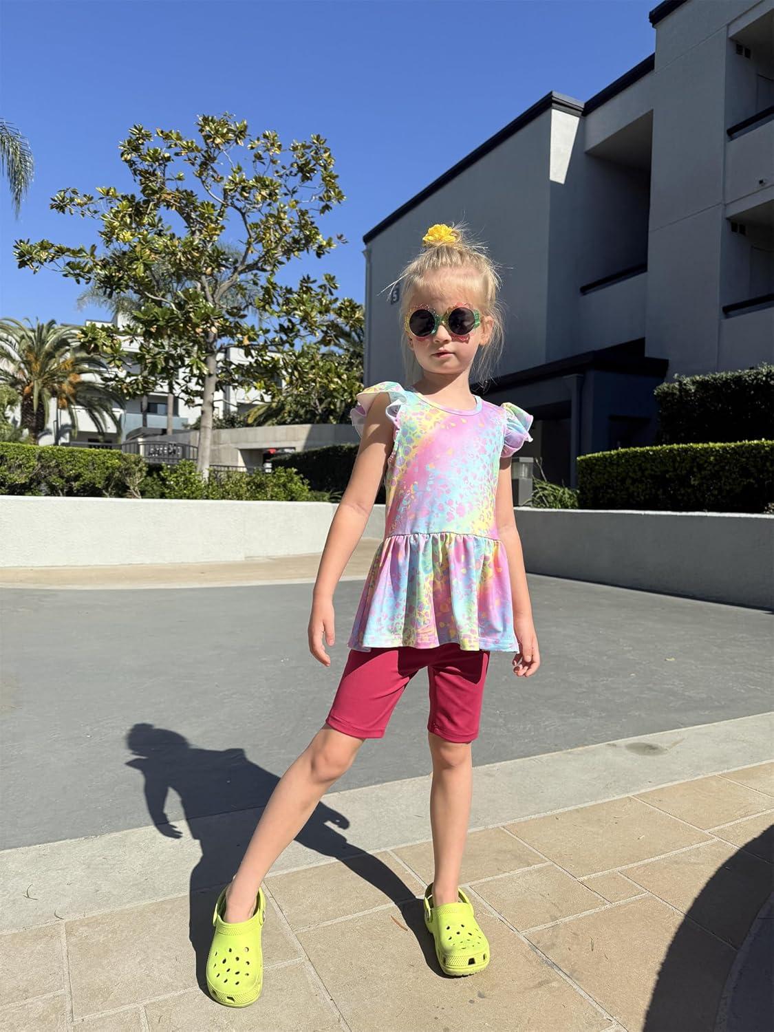 image:imageArshiner Girls 2 Piece Outfit Ruffle Sleeve Peplum Top And Biker Shorts Lightweight Breathable Summer Clothing SetRainbow Tie Dye