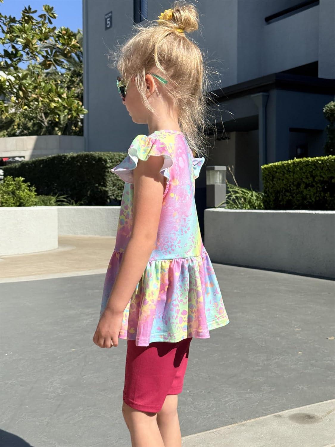image:imageArshiner Girls 2 Piece Outfit Ruffle Sleeve Peplum Top And Biker Shorts Lightweight Breathable Summer Clothing SetRainbow Tie Dye