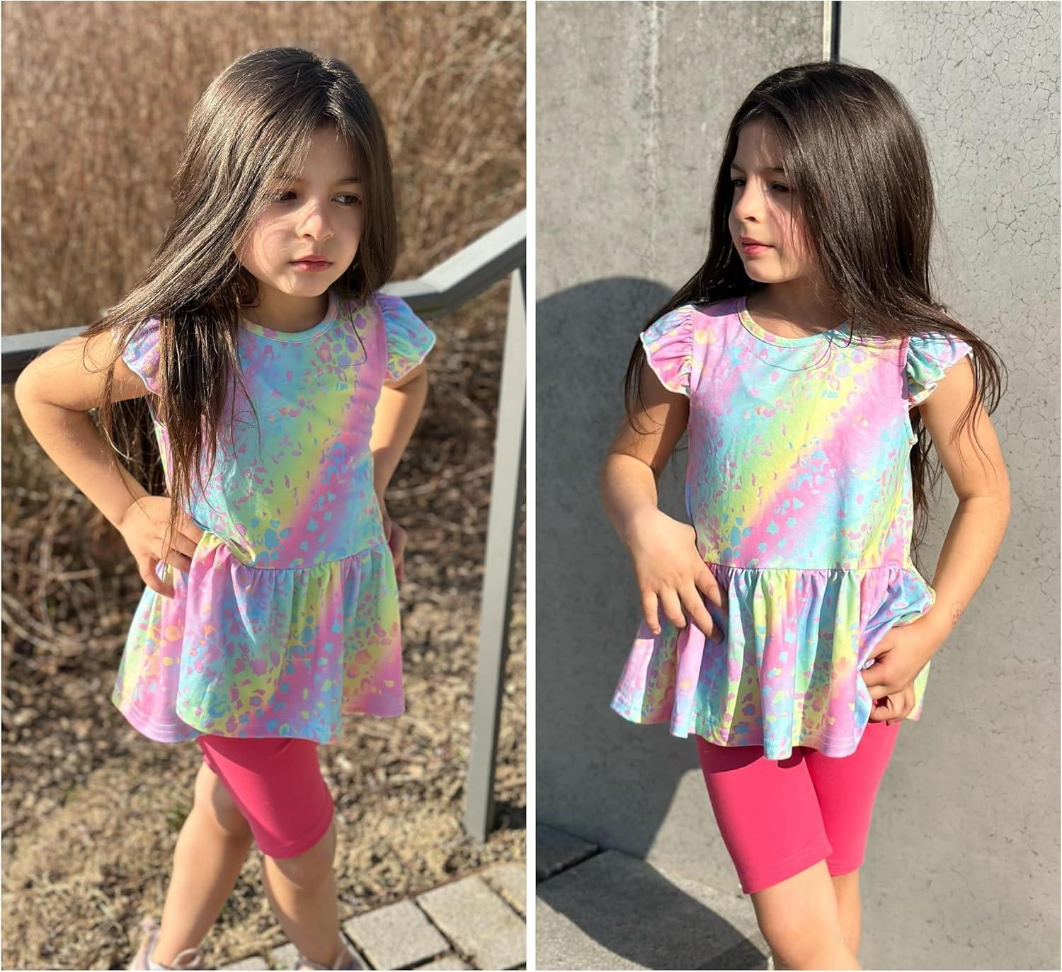 image:imageArshiner Girls 2 Piece Outfit Ruffle Sleeve Peplum Top And Biker Shorts Lightweight Breathable Summer Clothing SetRainbow Tie Dye