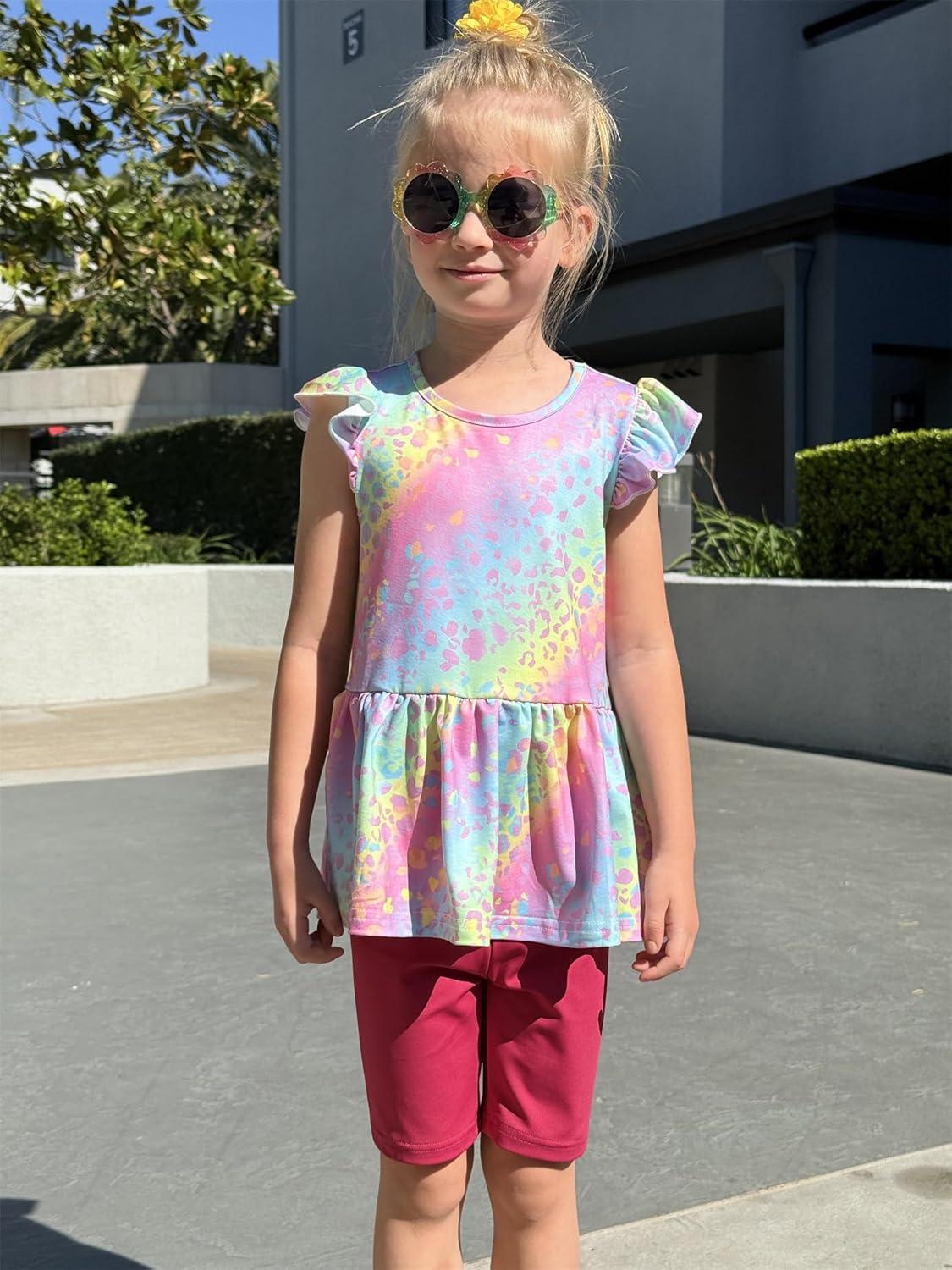 image:imageArshiner Girls 2 Piece Outfit Ruffle Sleeve Peplum Top And Biker Shorts Lightweight Breathable Summer Clothing SetRainbow Tie Dye
