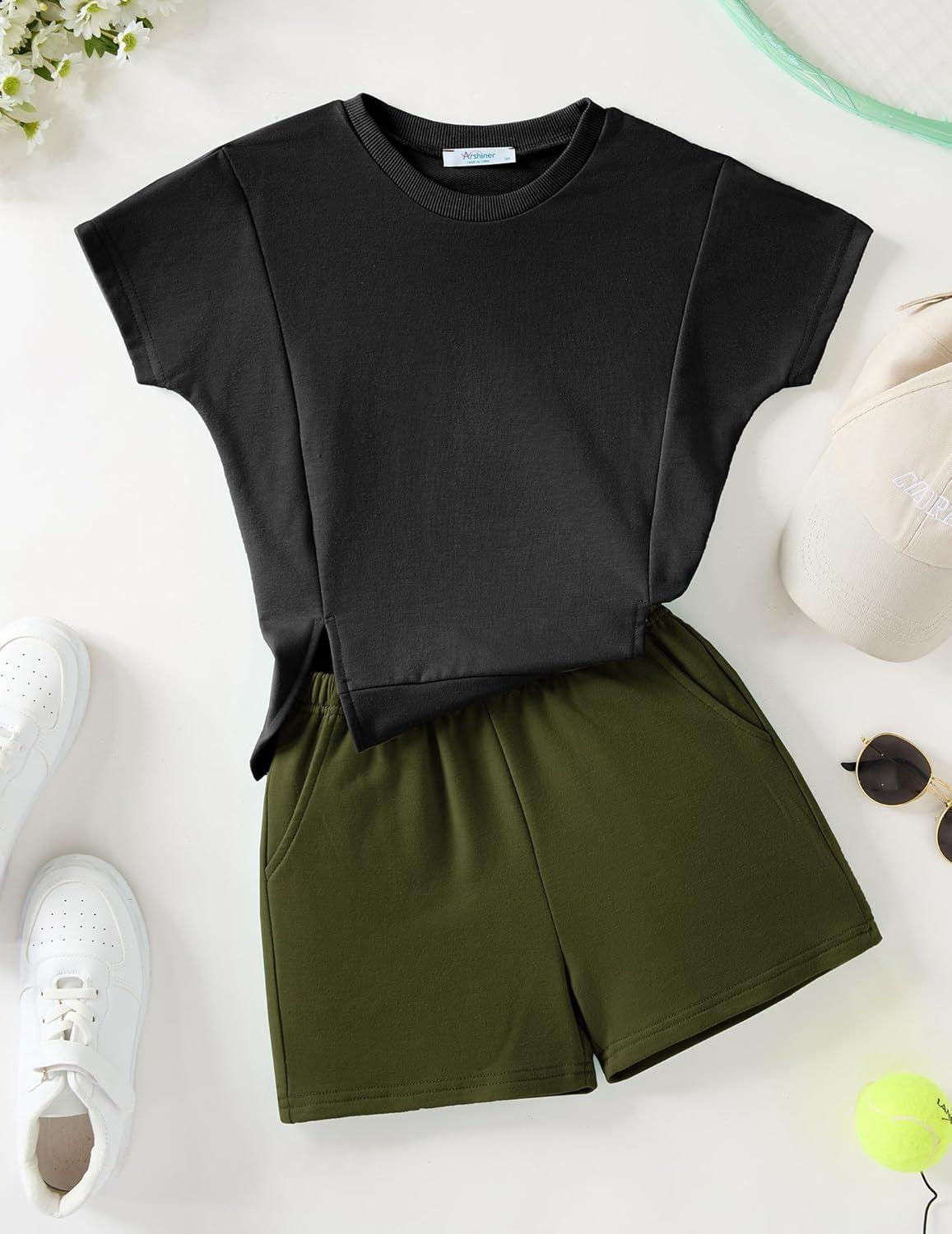 image:imageArshiner Girls 2 Piece Outfit Summer Short Sleeve Loose Fit TShirt and Shorts Set Casual Activewear HighLow Hem SweatshirtBlack Green