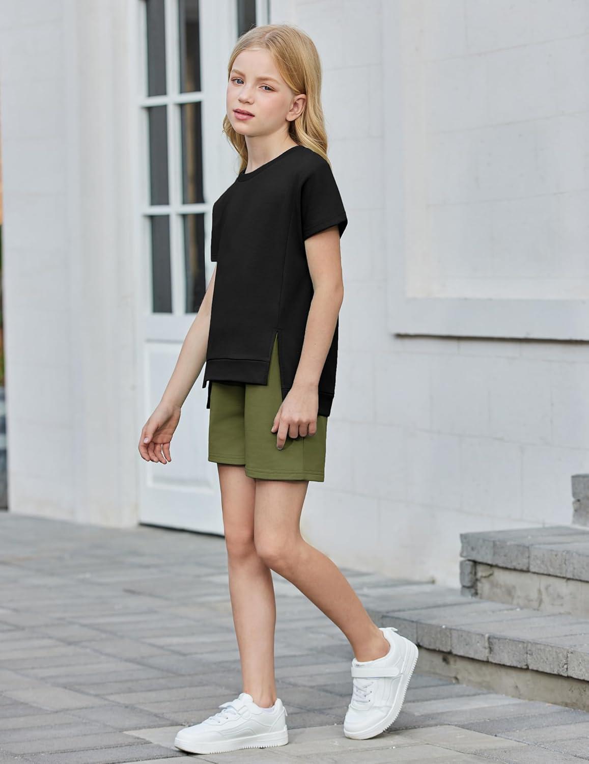 image:imageArshiner Girls 2 Piece Outfit Summer Short Sleeve Loose Fit TShirt and Shorts Set Casual Activewear HighLow Hem SweatshirtBlack Green
