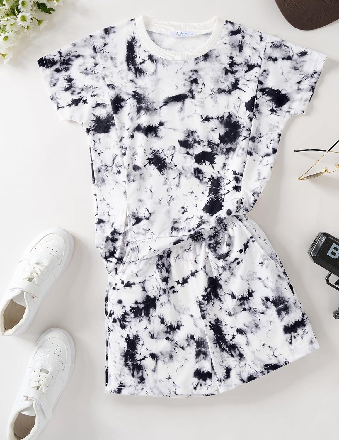 image:imageArshiner Girls 2 Piece Outfit Summer Short Sleeve Loose Fit TShirt and Shorts Set Casual Activewear HighLow Hem SweatshirtBlack Tie Dye