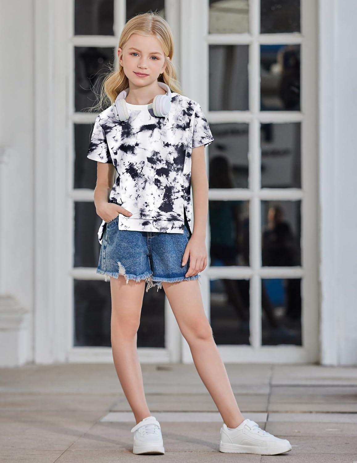image:imageArshiner Girls 2 Piece Outfit Summer Short Sleeve Loose Fit TShirt and Shorts Set Casual Activewear HighLow Hem SweatshirtBlack Tie Dye