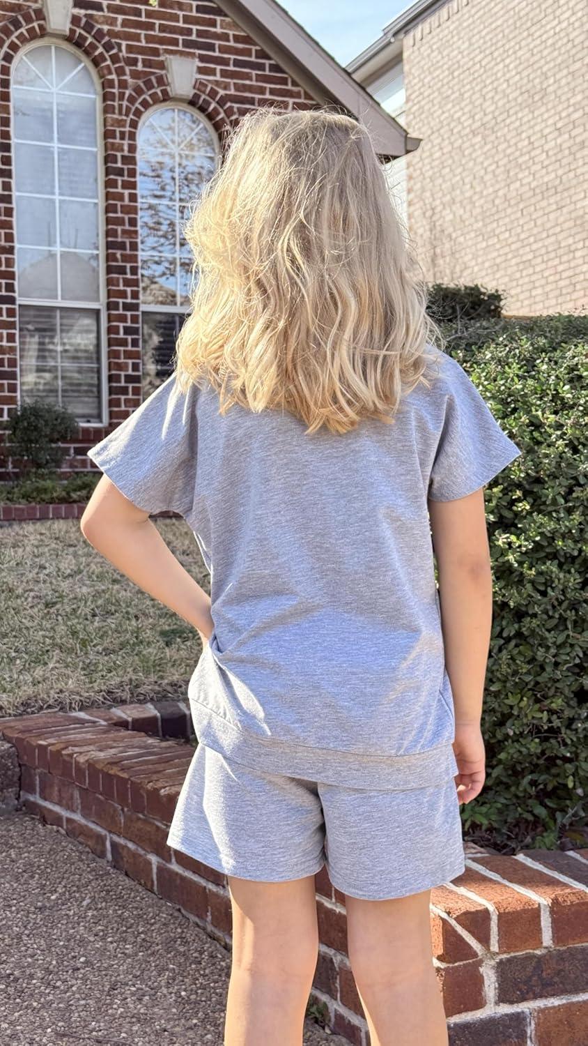 image:imageArshiner Girls 2 Piece Outfit Summer Short Sleeve Loose Fit TShirt and Shorts Set Casual Activewear HighLow Hem SweatshirtGrey