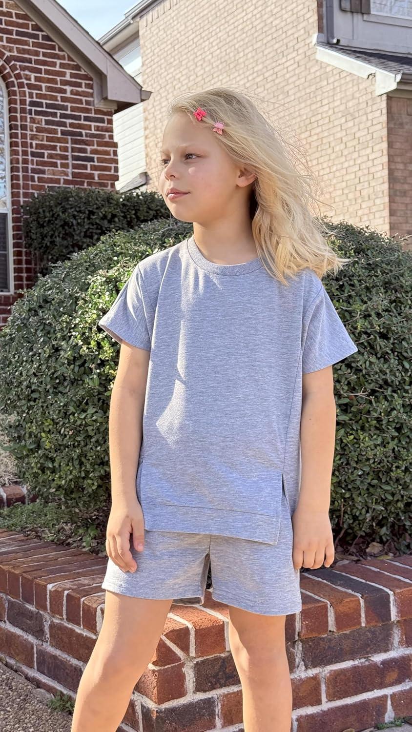image:imageArshiner Girls 2 Piece Outfit Summer Short Sleeve Loose Fit TShirt and Shorts Set Casual Activewear HighLow Hem SweatshirtGrey