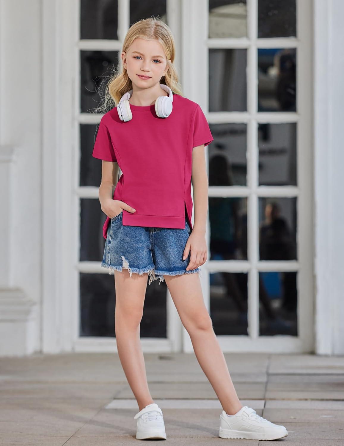 image:imageArshiner Girls 2 Piece Outfit Summer Short Sleeve Loose Fit TShirt and Shorts Set Casual Activewear HighLow Hem SweatshirtHot Pink