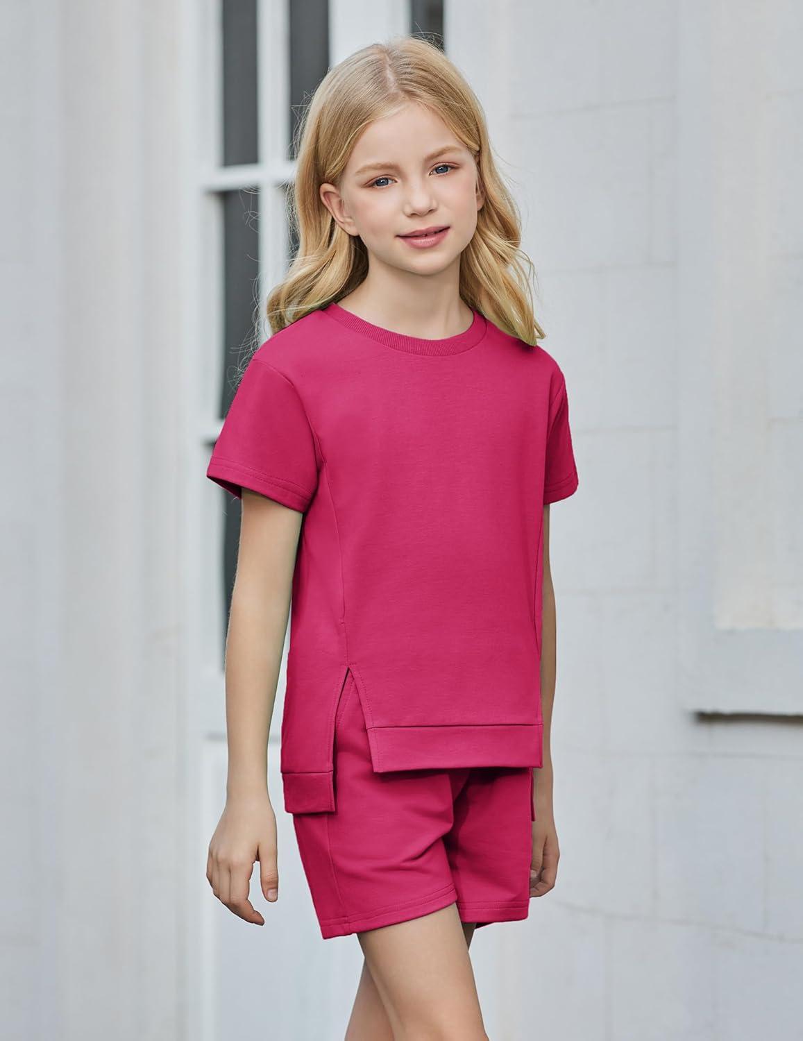 image:imageArshiner Girls 2 Piece Outfit Summer Short Sleeve Loose Fit TShirt and Shorts Set Casual Activewear HighLow Hem SweatshirtHot Pink