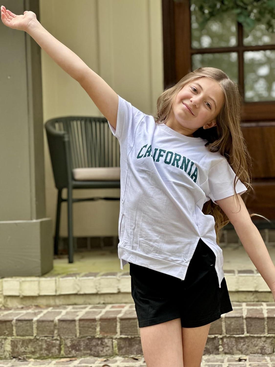 image:imageArshiner Girls 2 Piece Outfit Summer Short Sleeve Loose Fit TShirt and Shorts Set Casual Activewear HighLow Hem SweatshirtLetter Ca