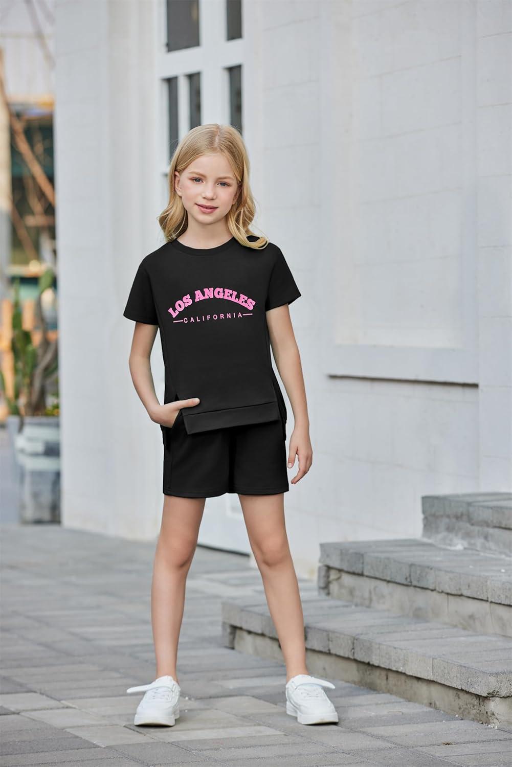 image:imageArshiner Girls 2 Piece Outfit Summer Short Sleeve Loose Fit TShirt and Shorts Set Casual Activewear HighLow Hem SweatshirtLetter La
