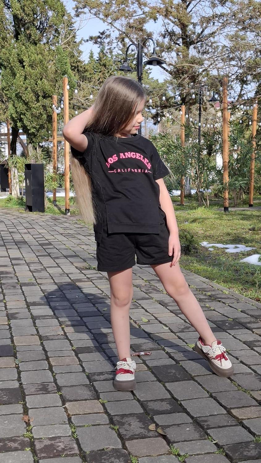 image:imageArshiner Girls 2 Piece Outfit Summer Short Sleeve Loose Fit TShirt and Shorts Set Casual Activewear HighLow Hem SweatshirtLetter La