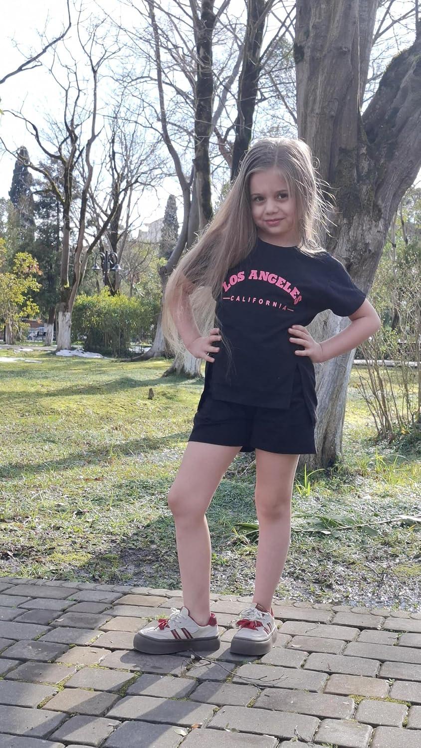 image:imageArshiner Girls 2 Piece Outfit Summer Short Sleeve Loose Fit TShirt and Shorts Set Casual Activewear HighLow Hem SweatshirtLetter La