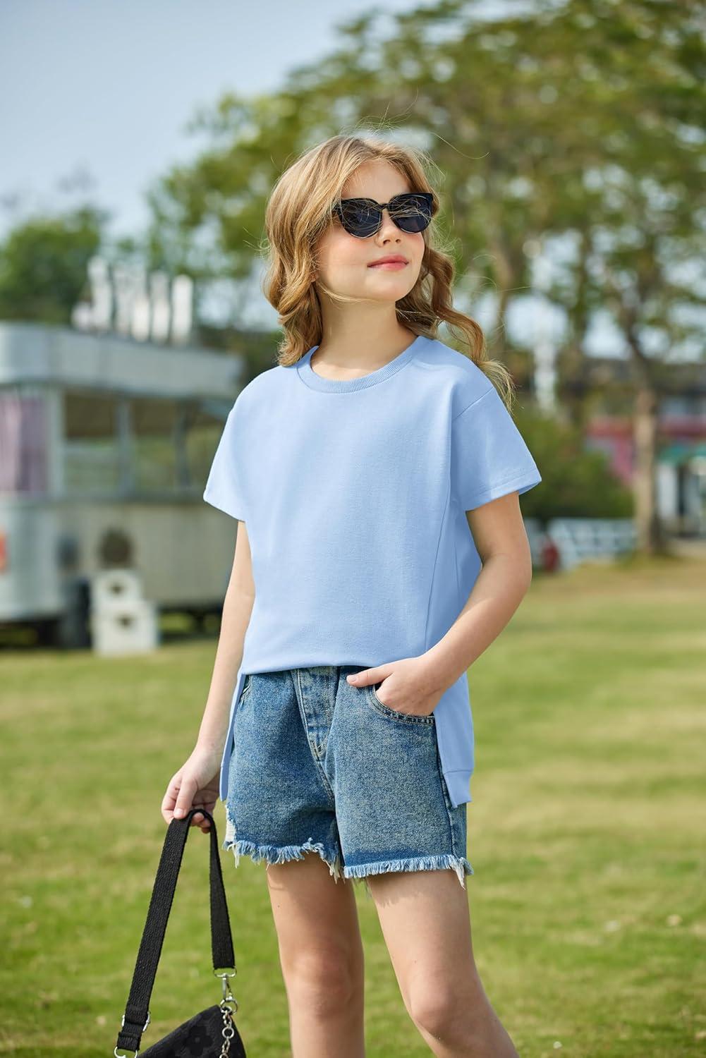 image:imageArshiner Girls 2 Piece Outfit Summer Short Sleeve Loose Fit TShirt and Shorts Set Casual Activewear HighLow Hem SweatshirtLgiht Blue