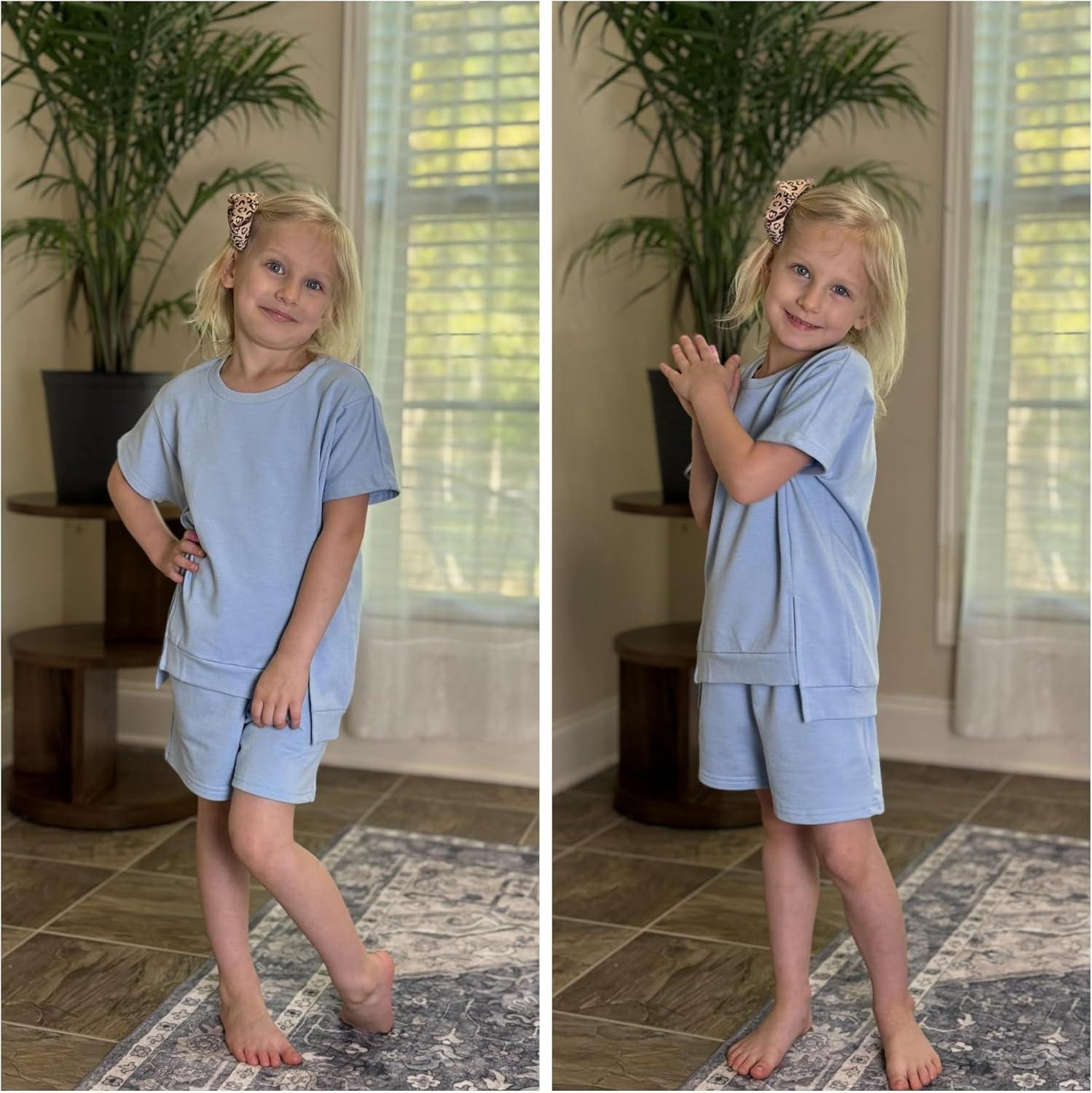 image:imageArshiner Girls 2 Piece Outfit Summer Short Sleeve Loose Fit TShirt and Shorts Set Casual Activewear HighLow Hem SweatshirtLgiht Blue