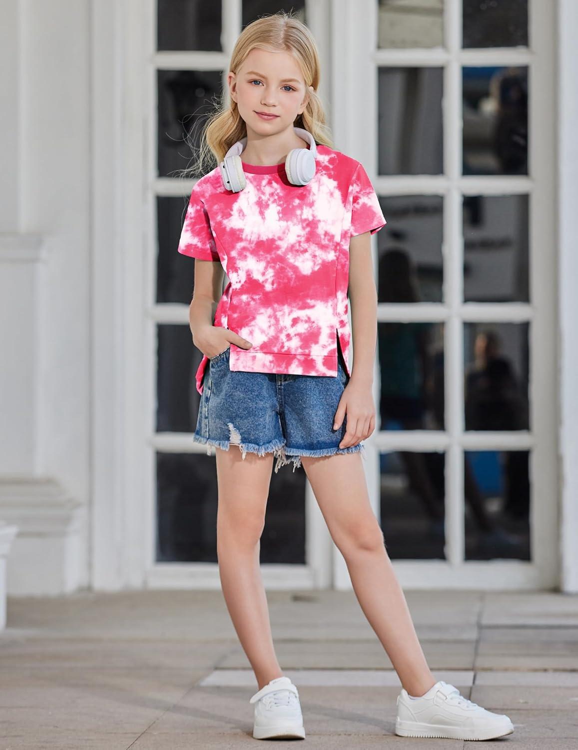 image:imageArshiner Girls 2 Piece Outfit Summer Short Sleeve Loose Fit TShirt and Shorts Set Casual Activewear HighLow Hem SweatshirtPink Tie Dye