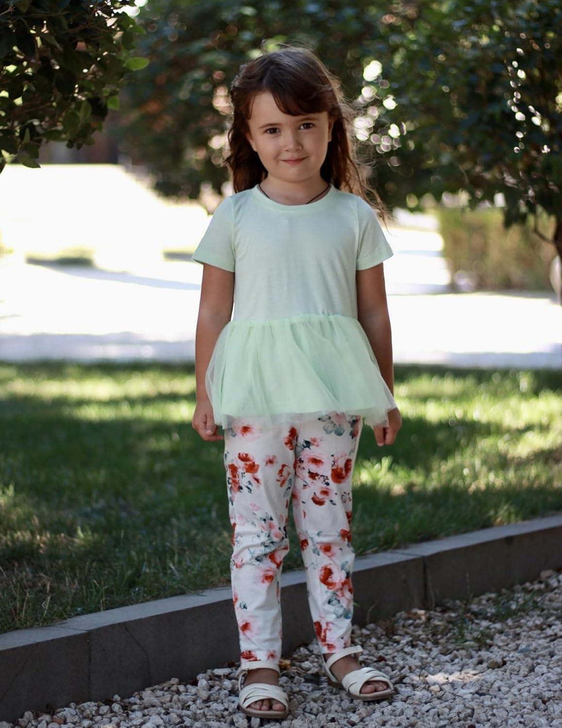 image:imageArshiner Girls 2 Piece Outfits Casual Clothing Sets Short Sleeve Mesh Hem Roundneck Tops and Leggings Pants 210 YearsLight Greenfloral