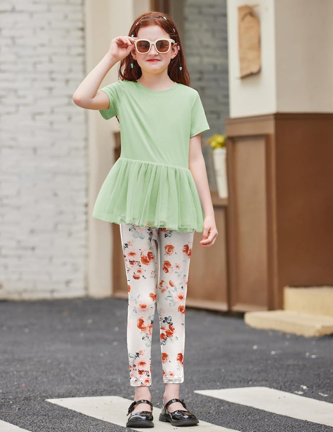 image:imageArshiner Girls 2 Piece Outfits Casual Clothing Sets Short Sleeve Mesh Hem Roundneck Tops and Leggings Pants 210 YearsLight Greenfloral