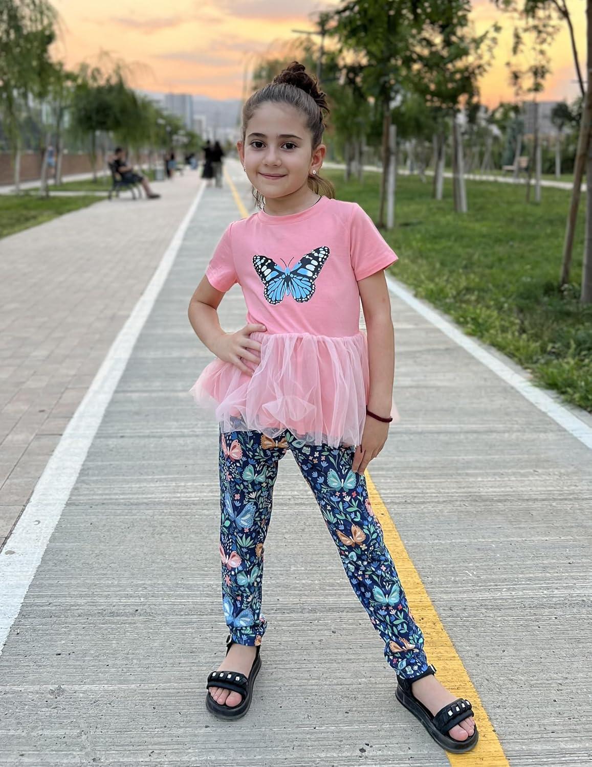 image:imageArshiner Girls 2 Piece Outfits Casual Clothing Sets Short Sleeve Mesh Hem Roundneck Tops and Leggings Pants 210 YearsPinkbutterfly