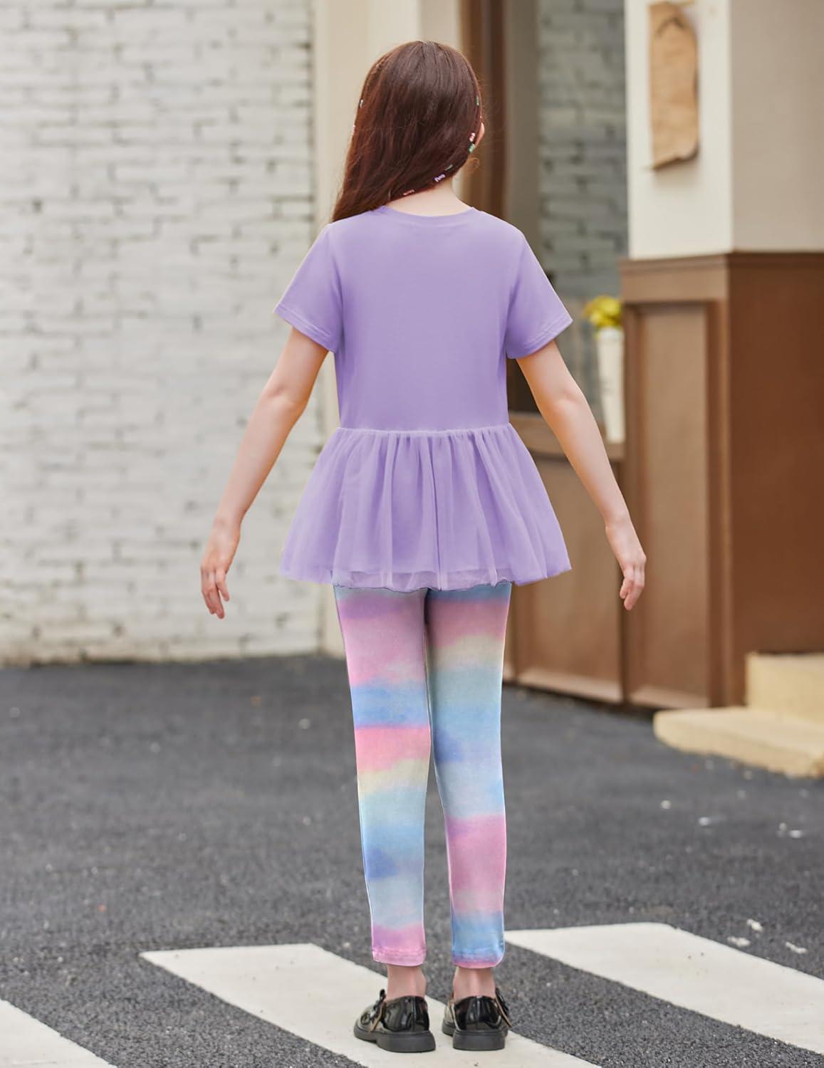 image:imageArshiner Girls 2 Piece Outfits Casual Clothing Sets Short Sleeve Mesh Hem Roundneck Tops and Leggings Pants 210 YearsPurpletie Dye