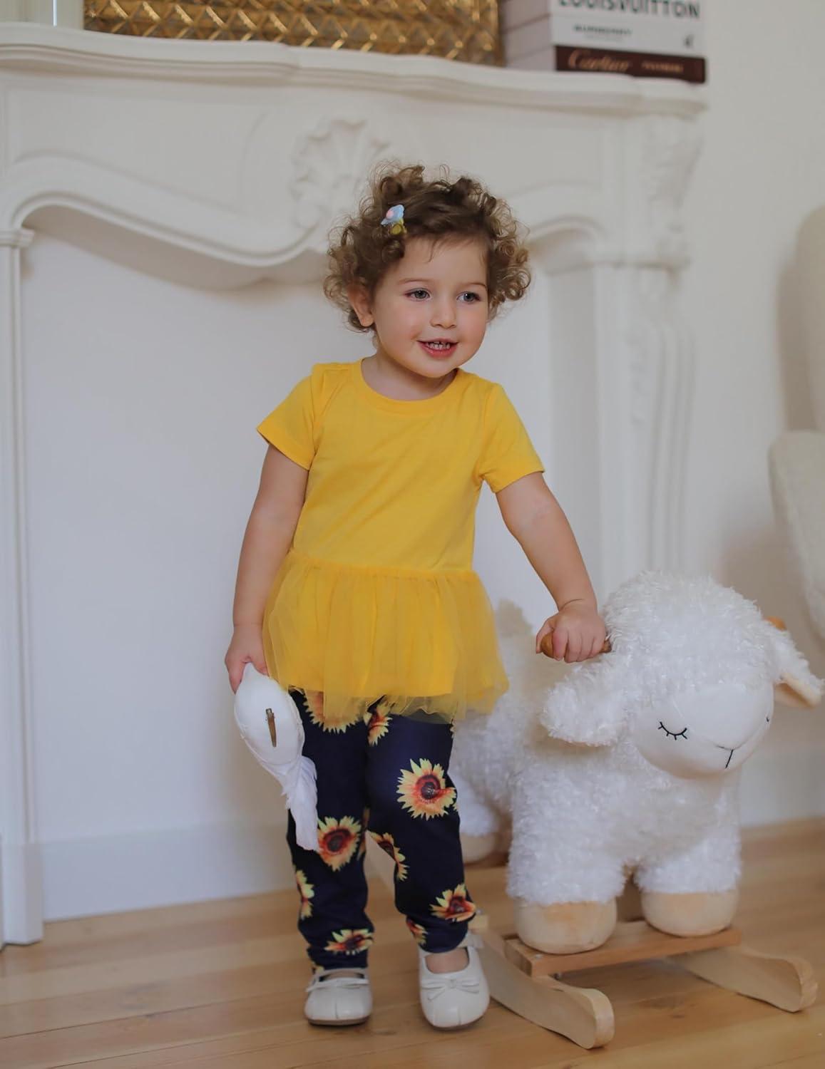 image:imageArshiner Girls 2 Piece Outfits Casual Clothing Sets Short Sleeve Mesh Hem Roundneck Tops and Leggings Pants 210 YearsYellowsunflower