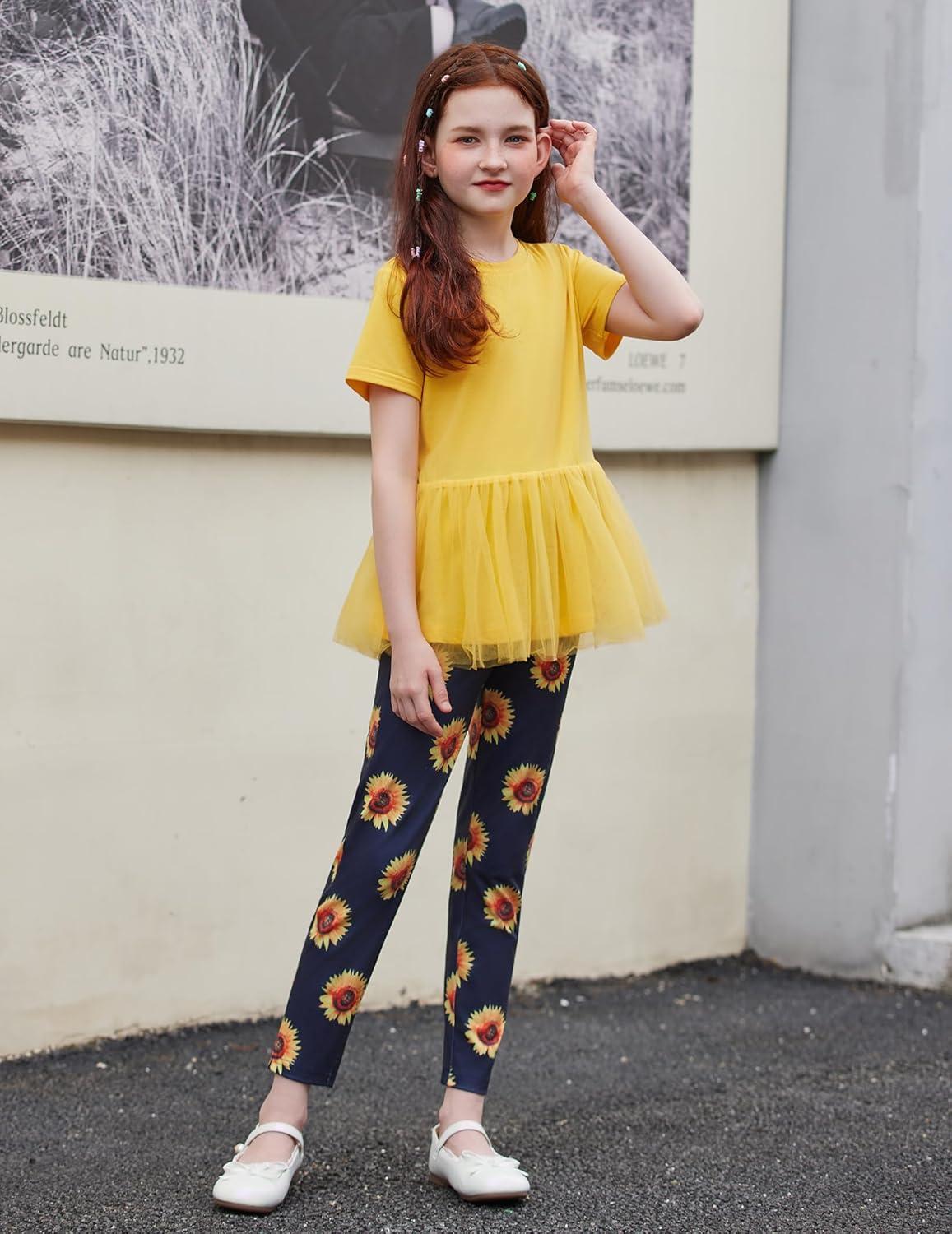 image:imageArshiner Girls 2 Piece Outfits Casual Clothing Sets Short Sleeve Mesh Hem Roundneck Tops and Leggings Pants 210 YearsYellowsunflower