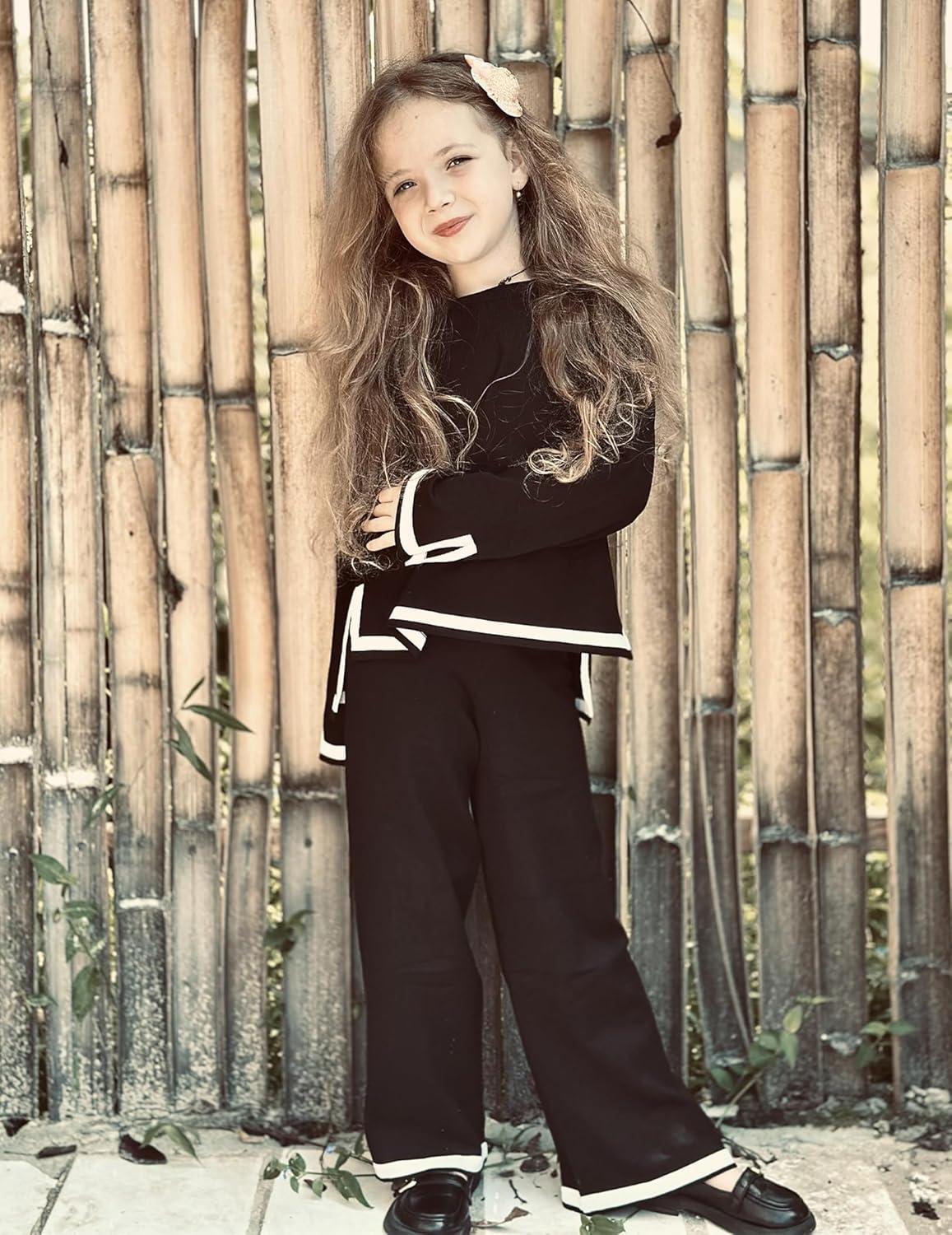 image:imageArshiner Girls 2 Piece Outfits Long Sleeve Knit Pullover Sweater Tops Wide Leg Pants Casual Fall Sets TracksuitsBlack