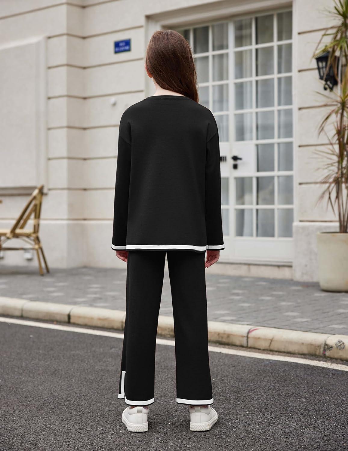 image:imageArshiner Girls 2 Piece Outfits Long Sleeve Knit Pullover Sweater Tops Wide Leg Pants Casual Fall Sets TracksuitsBlack