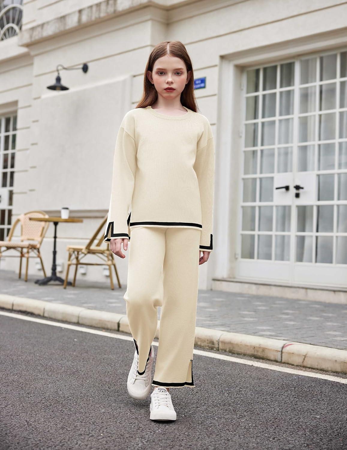 image:imageArshiner Girls 2 Piece Outfits Long Sleeve Knit Pullover Sweater Tops Wide Leg Pants Casual Fall Sets TracksuitsLight Brown