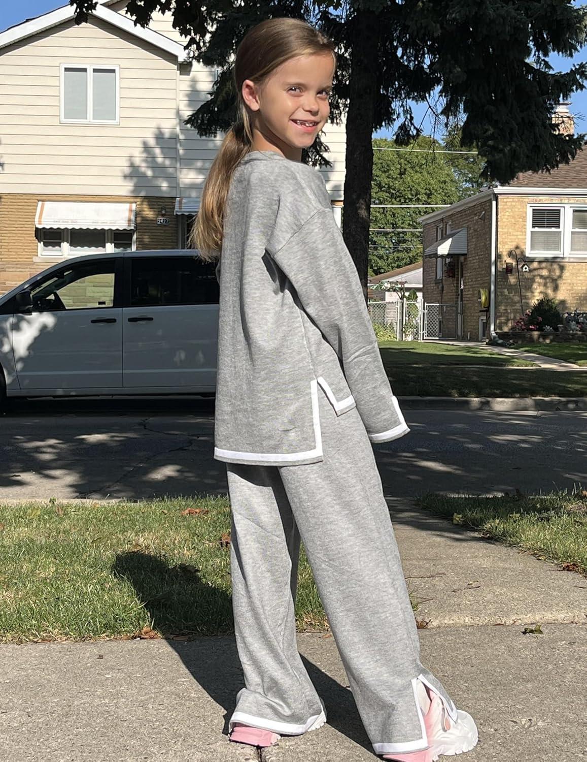 image:imageArshiner Girls 2 Piece Outfits Long Sleeve Knit Pullover Sweater Tops Wide Leg Pants Casual Fall Sets TracksuitsLight Gray