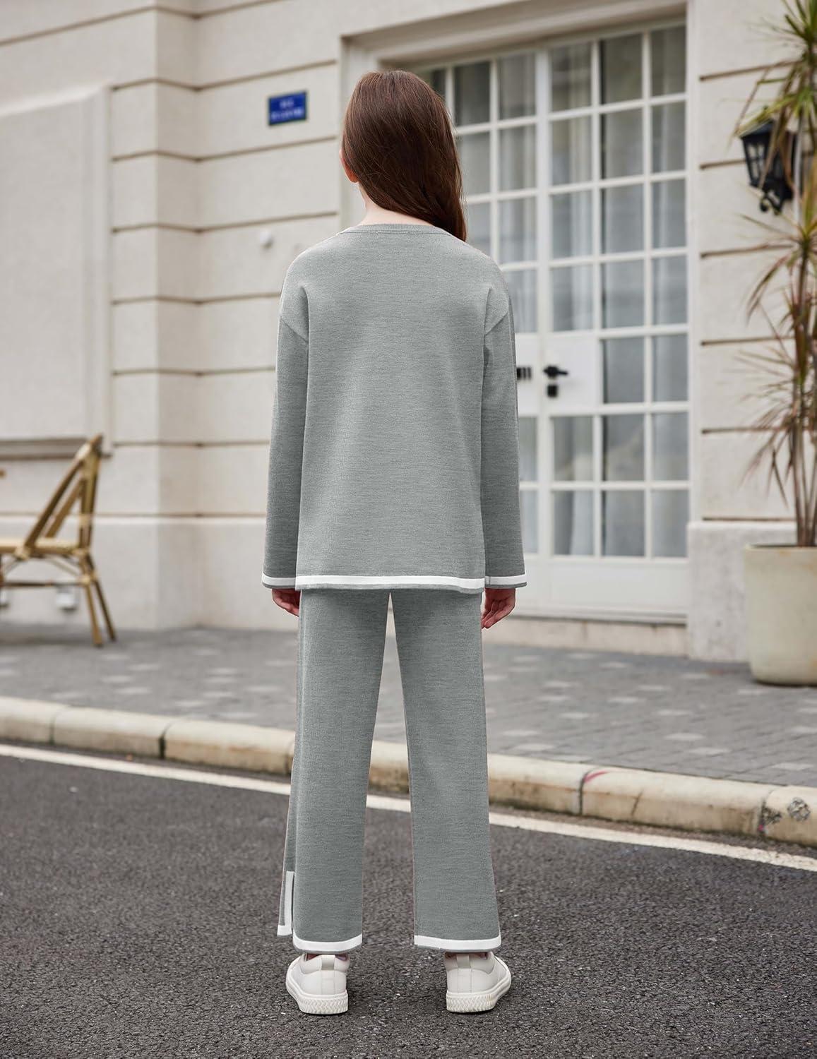 image:imageArshiner Girls 2 Piece Outfits Long Sleeve Knit Pullover Sweater Tops Wide Leg Pants Casual Fall Sets TracksuitsLight Gray