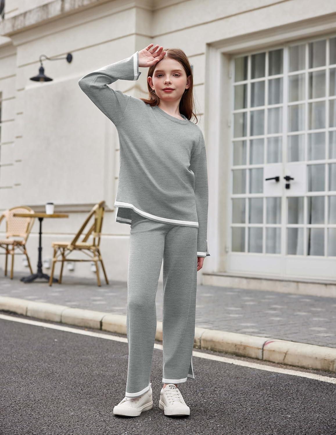 image:imageArshiner Girls 2 Piece Outfits Long Sleeve Knit Pullover Sweater Tops Wide Leg Pants Casual Fall Sets TracksuitsLight Gray