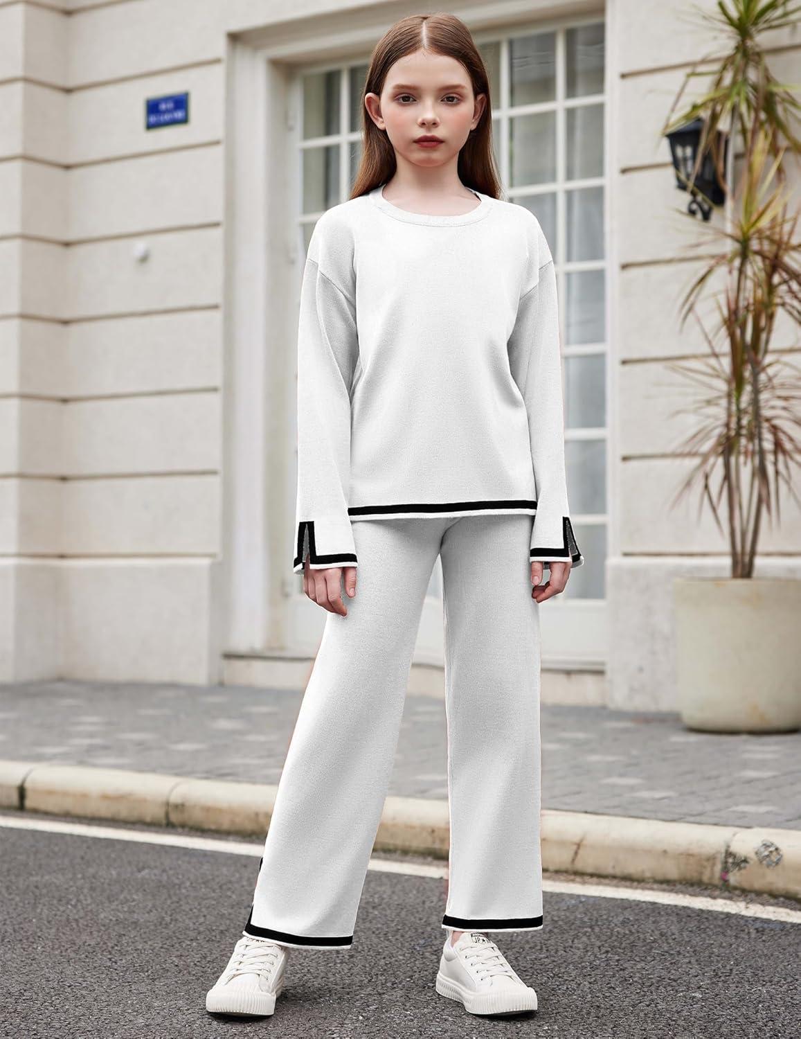 image:imageArshiner Girls 2 Piece Outfits Long Sleeve Knit Pullover Sweater Tops Wide Leg Pants Casual Fall Sets TracksuitsWhite