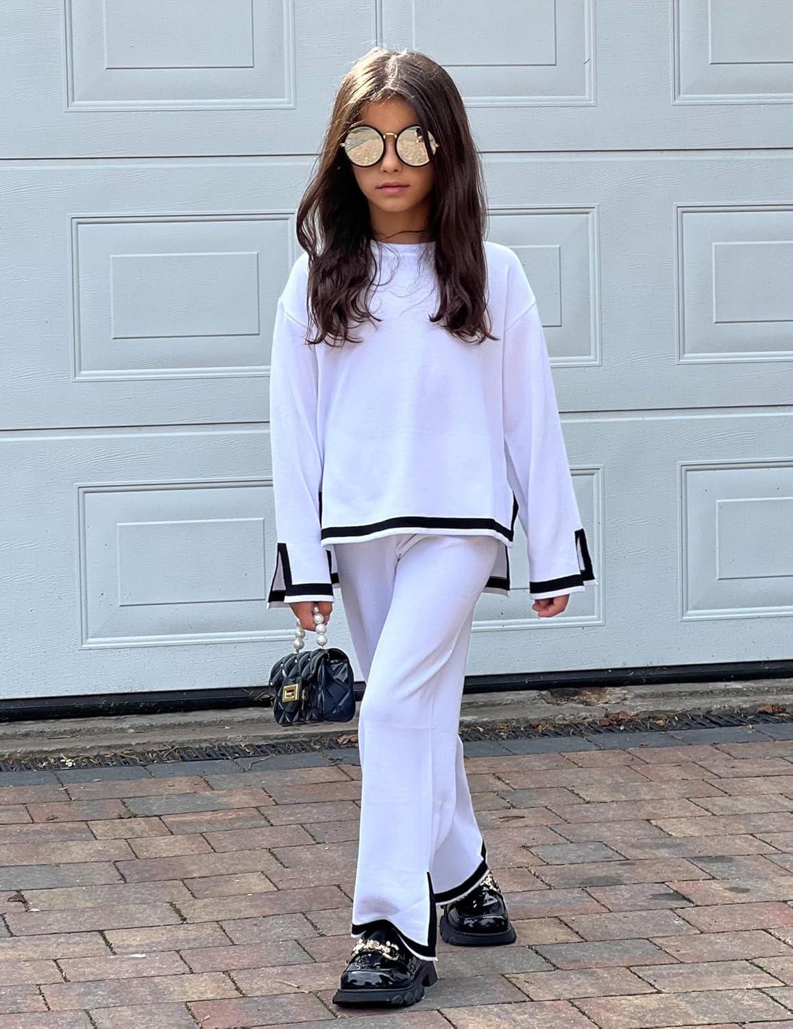 image:imageArshiner Girls 2 Piece Outfits Long Sleeve Knit Pullover Sweater Tops Wide Leg Pants Casual Fall Sets TracksuitsWhite