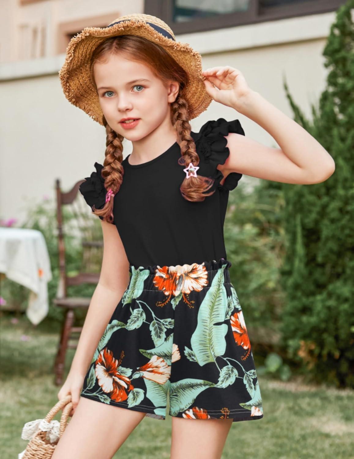 image:imageArshiner Girls 2 Piece Outfits Summer Clothes Ruffle Short Sleeve Shirts Top and High Waist Paper Bag Shorts Set with PocketsBlackhawaii Flower