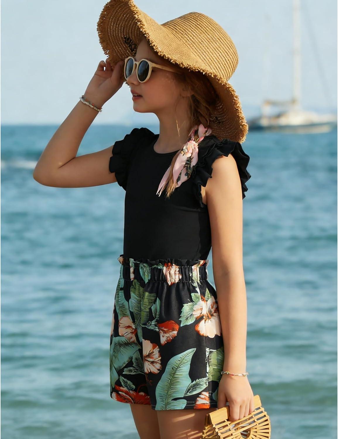 image:imageArshiner Girls 2 Piece Outfits Summer Clothes Ruffle Short Sleeve Shirts Top and High Waist Paper Bag Shorts Set with PocketsBlackhawaii Flower