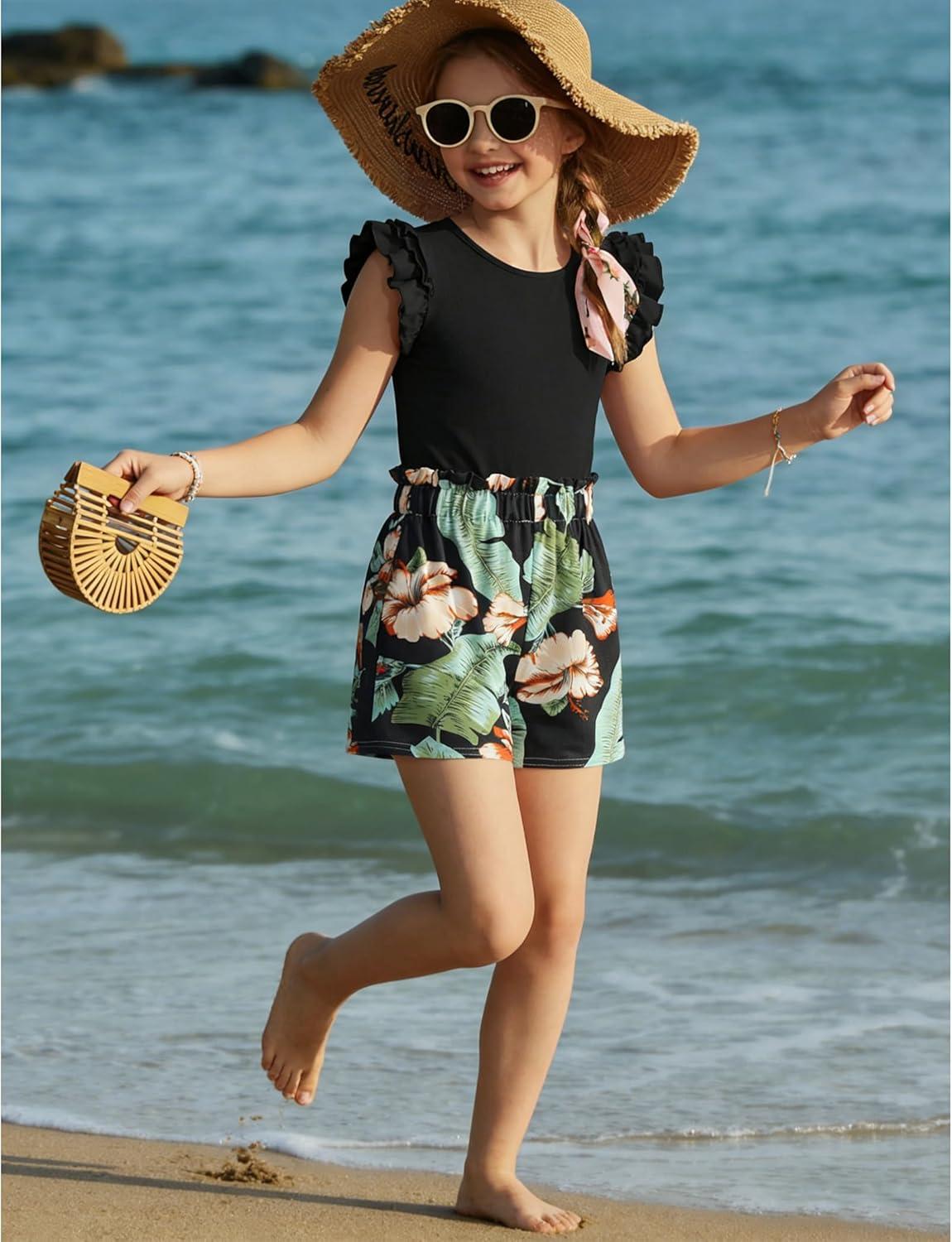 image:imageArshiner Girls 2 Piece Outfits Summer Clothes Ruffle Short Sleeve Shirts Top and High Waist Paper Bag Shorts Set with PocketsBlackhawaii Flower