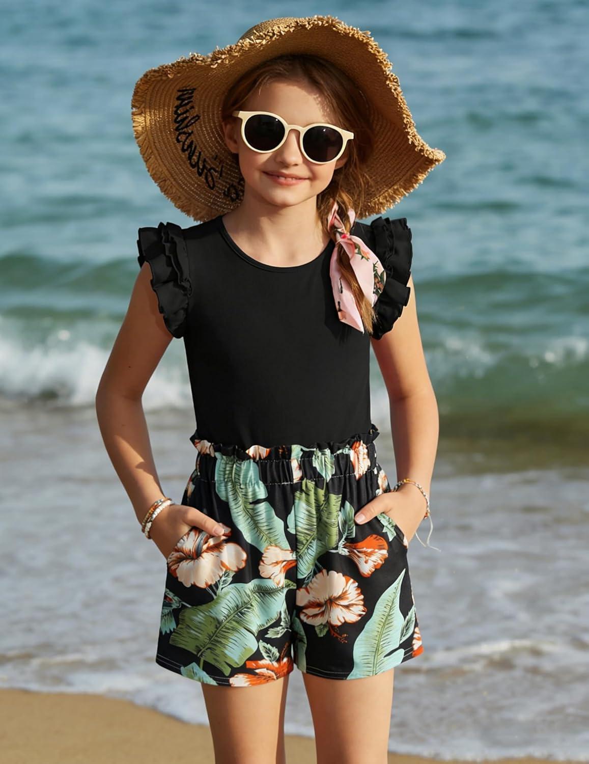 image:imageArshiner Girls 2 Piece Outfits Summer Clothes Ruffle Short Sleeve Shirts Top and High Waist Paper Bag Shorts Set with PocketsBlackhawaii Flower