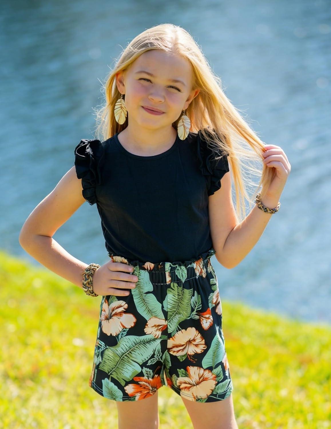 image:imageArshiner Girls 2 Piece Outfits Summer Clothes Ruffle Short Sleeve Shirts Top and High Waist Paper Bag Shorts Set with PocketsBlackhawaii Flower