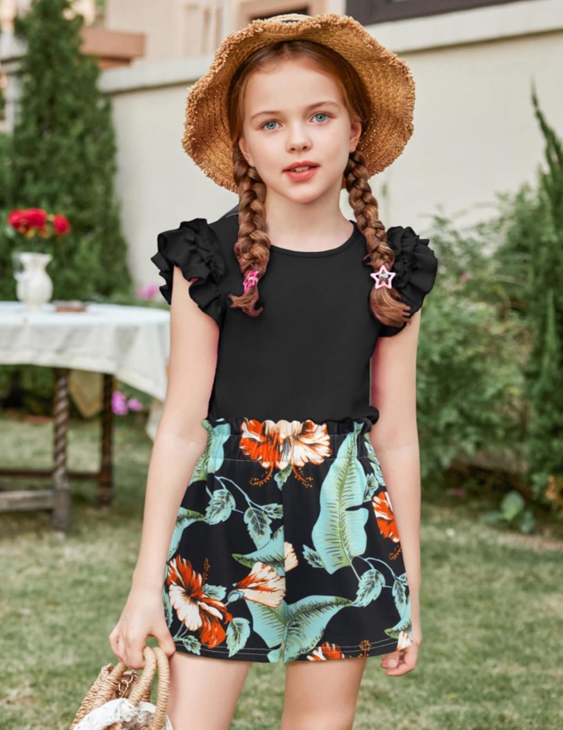 image:imageArshiner Girls 2 Piece Outfits Summer Clothes Ruffle Short Sleeve Shirts Top and High Waist Paper Bag Shorts Set with PocketsBlackhawaii Flower