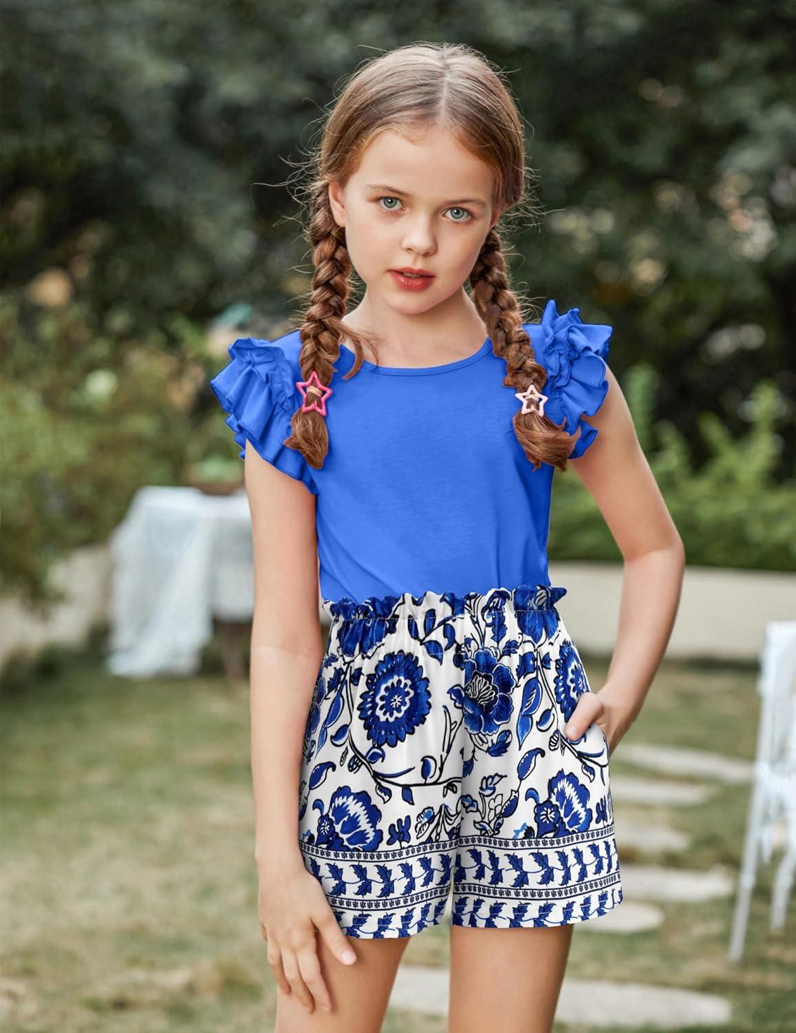 image:imageArshiner Girls 2 Piece Outfits Summer Clothes Ruffle Short Sleeve Shirts Top and High Waist Paper Bag Shorts Set with PocketsBlueflower