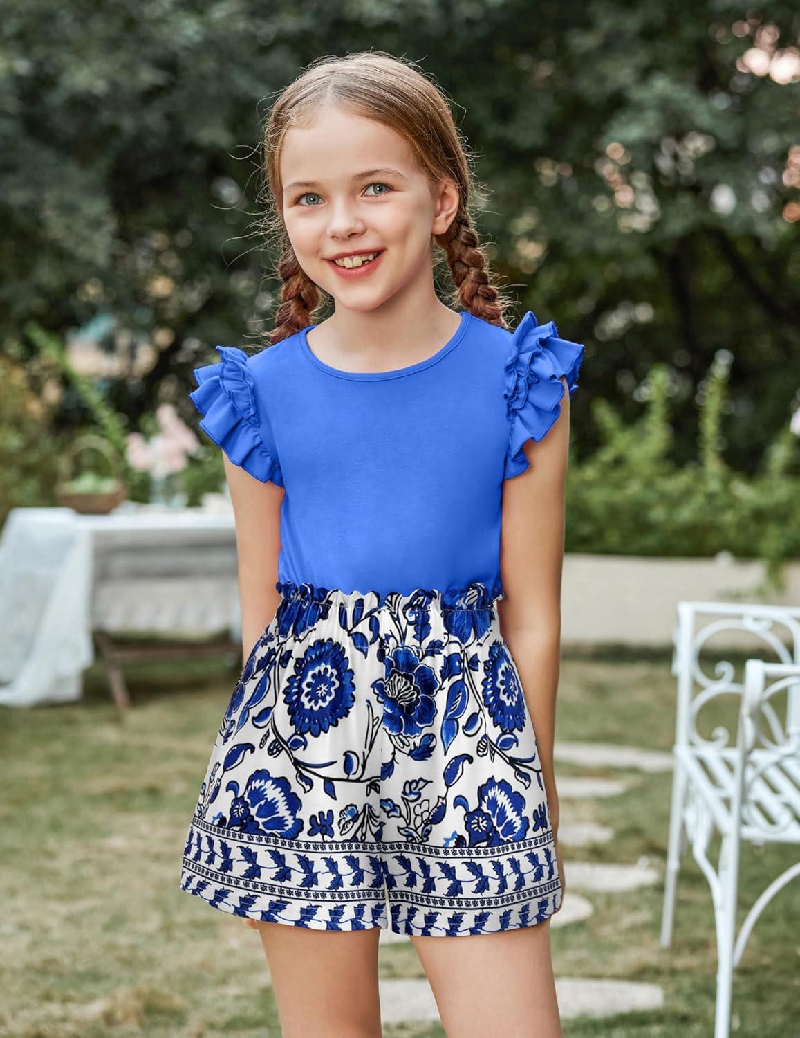 image:imageArshiner Girls 2 Piece Outfits Summer Clothes Ruffle Short Sleeve Shirts Top and High Waist Paper Bag Shorts Set with PocketsBlueflower