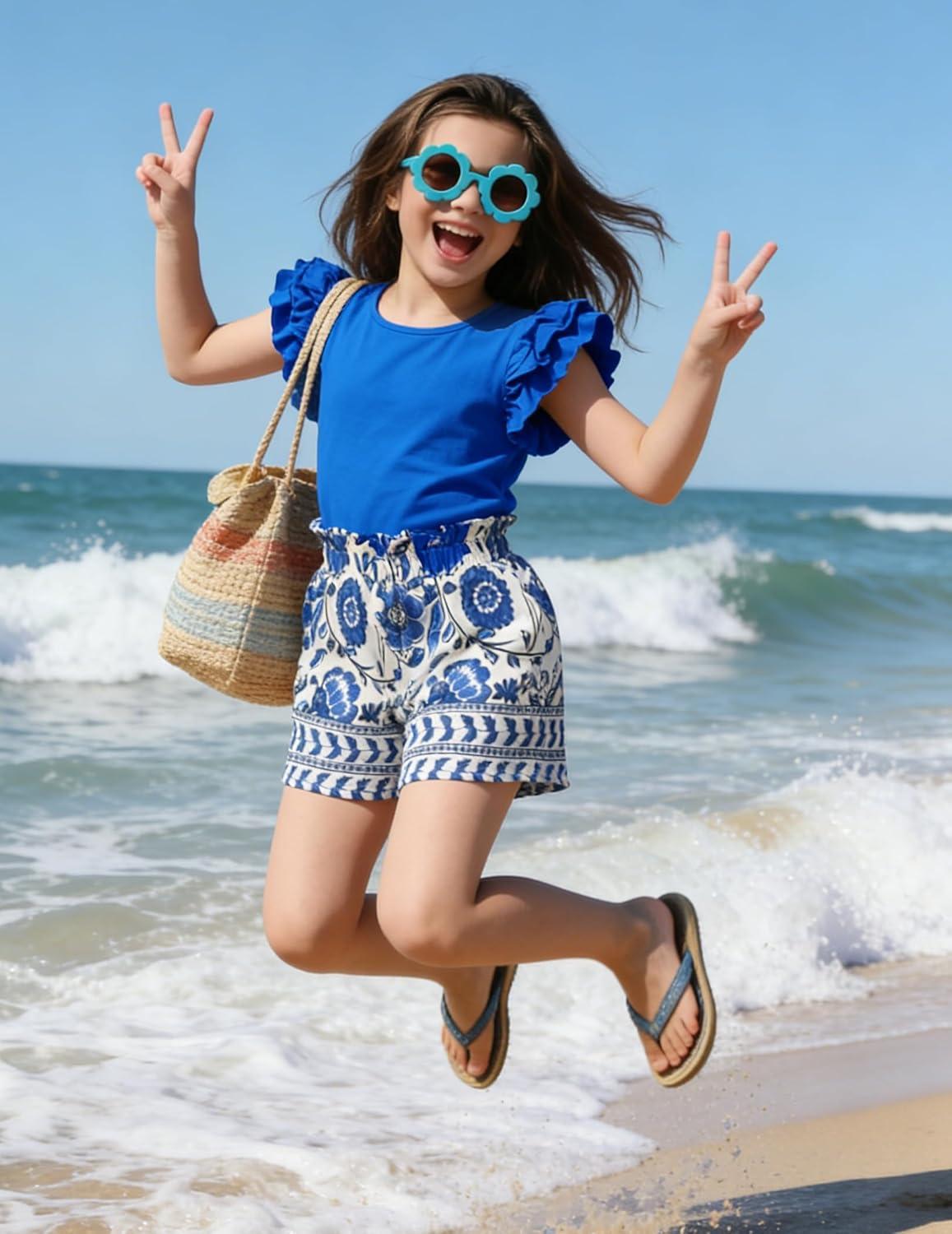image:imageArshiner Girls 2 Piece Outfits Summer Clothes Ruffle Short Sleeve Shirts Top and High Waist Paper Bag Shorts Set with PocketsBlueflower