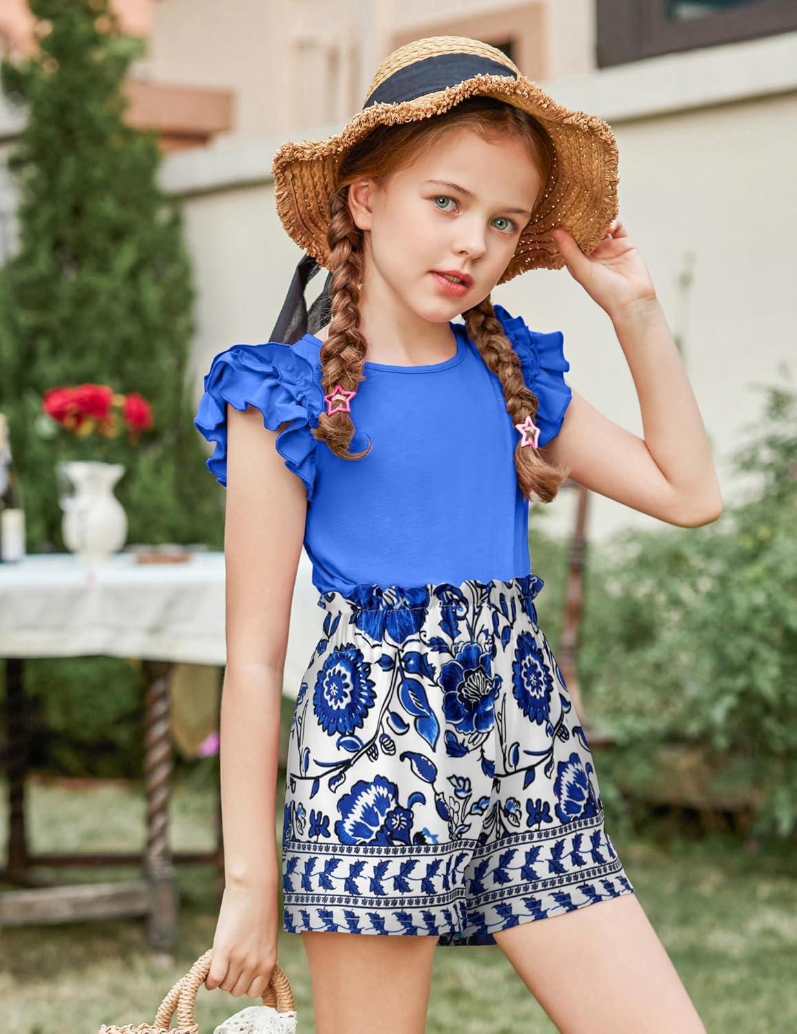 image:imageArshiner Girls 2 Piece Outfits Summer Clothes Ruffle Short Sleeve Shirts Top and High Waist Paper Bag Shorts Set with PocketsBlueflower