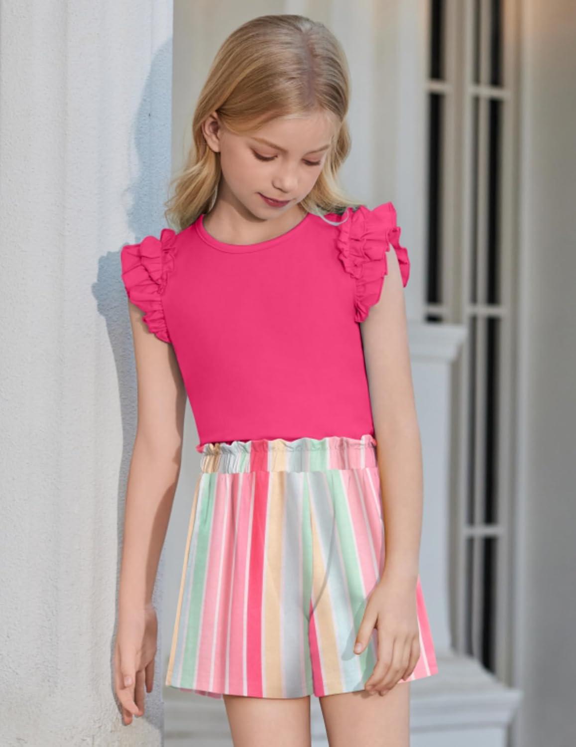image:imageArshiner Girls 2 Piece Outfits Summer Clothes Ruffle Short Sleeve Shirts Top and High Waist Paper Bag Shorts Set with PocketsHot Pinkstrips