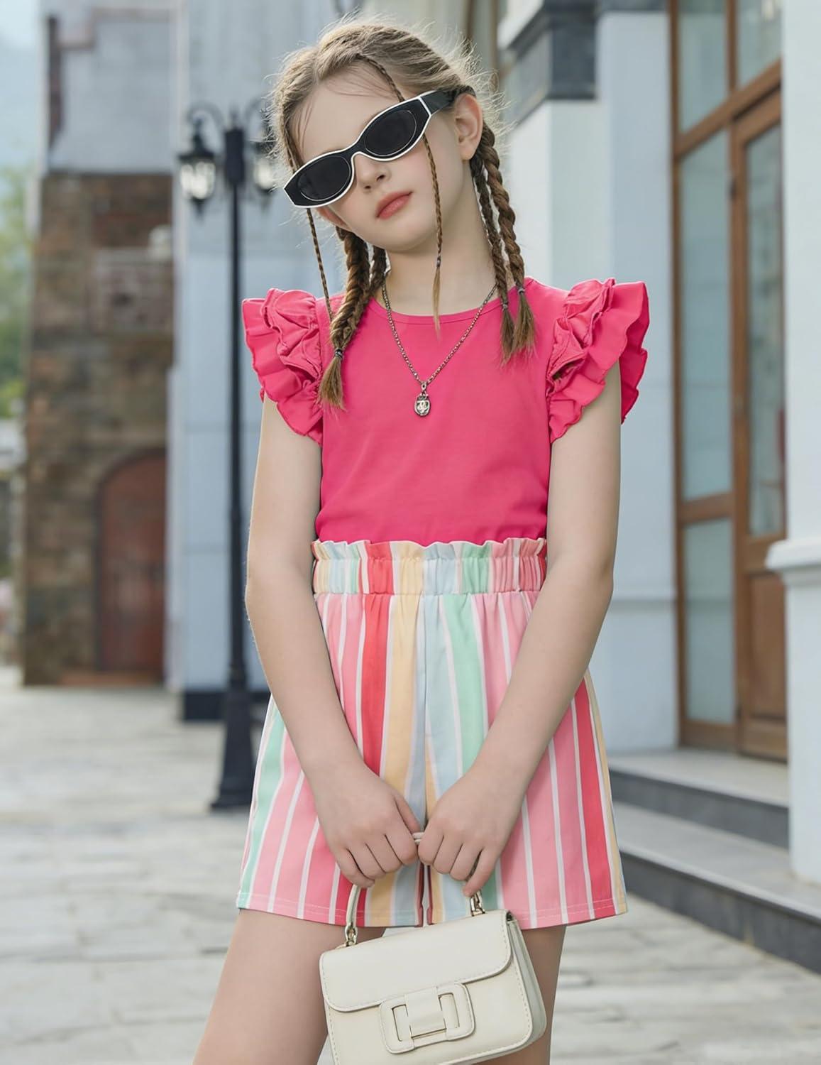 image:imageArshiner Girls 2 Piece Outfits Summer Clothes Ruffle Short Sleeve Shirts Top and High Waist Paper Bag Shorts Set with PocketsHot Pinkstrips