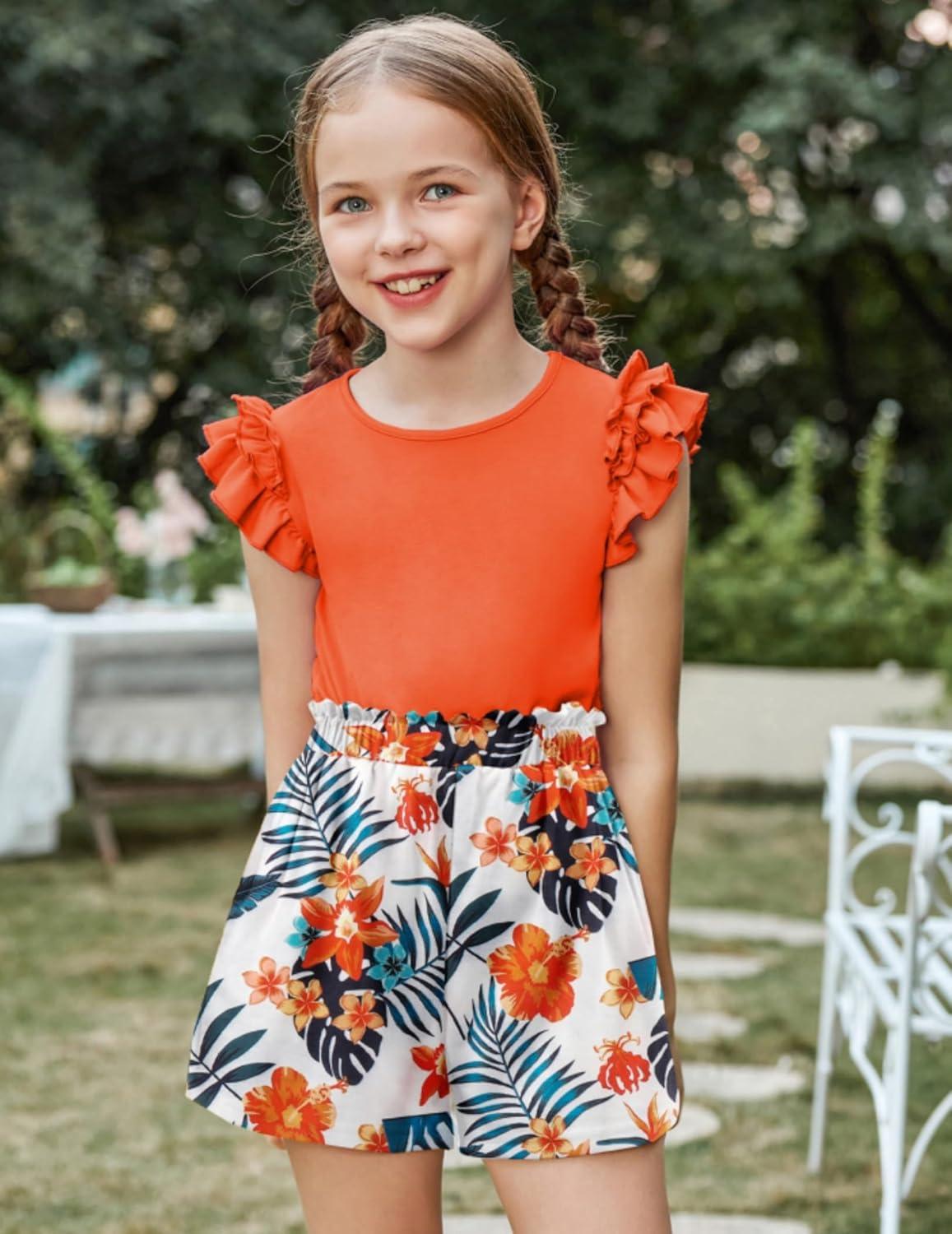 image:imageArshiner Girls 2 Piece Outfits Summer Clothes Ruffle Short Sleeve Shirts Top and High Waist Paper Bag Shorts Set with PocketsOrangeprint