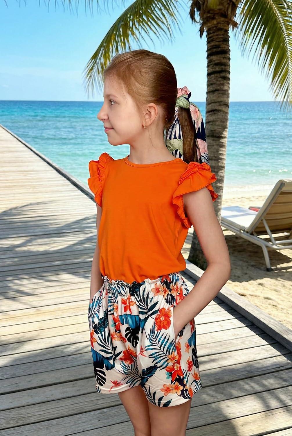 image:imageArshiner Girls 2 Piece Outfits Summer Clothes Ruffle Short Sleeve Shirts Top and High Waist Paper Bag Shorts Set with PocketsOrangeprint