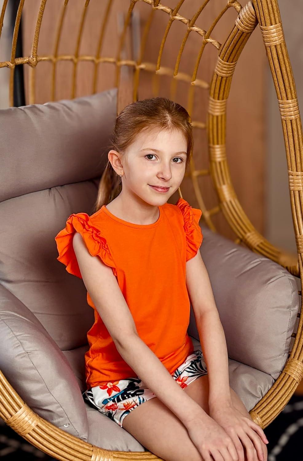 image:imageArshiner Girls 2 Piece Outfits Summer Clothes Ruffle Short Sleeve Shirts Top and High Waist Paper Bag Shorts Set with PocketsOrangeprint
