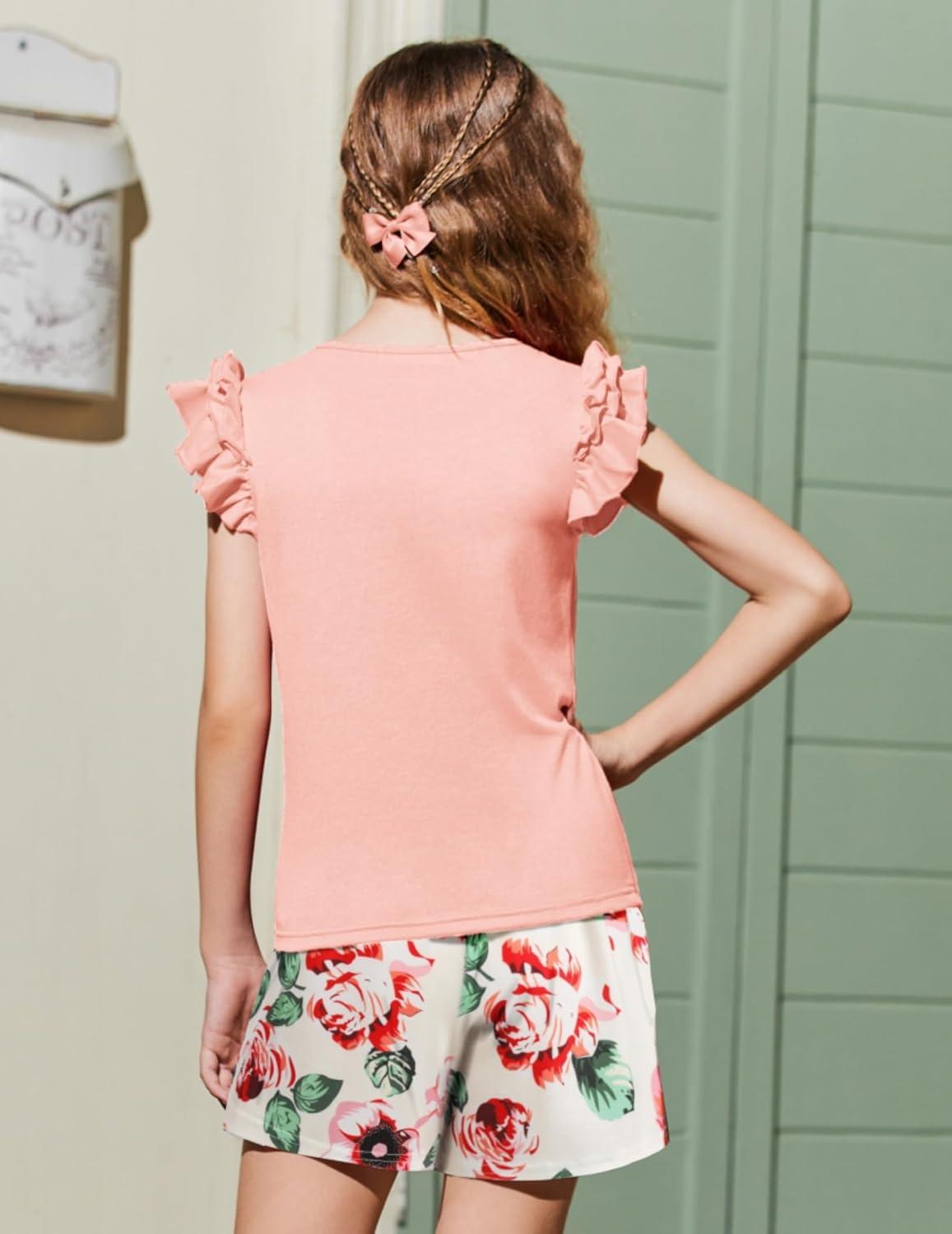 image:imageArshiner Girls 2 Piece Outfits Summer Clothes Ruffle Short Sleeve Shirts Top and High Waist Paper Bag Shorts Set with PocketsPinkflower