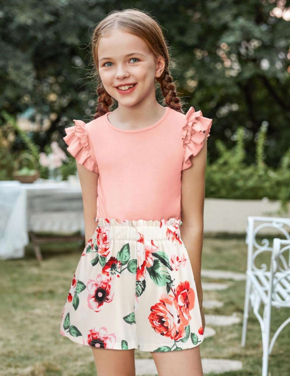 image:imageArshiner Girls 2 Piece Outfits Summer Clothes Ruffle Short Sleeve Shirts Top and High Waist Paper Bag Shorts Set with PocketsPinkflower